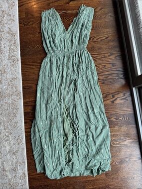 Poupette St. Barth Sage Green V-Neck Crinkle Maxi Dress